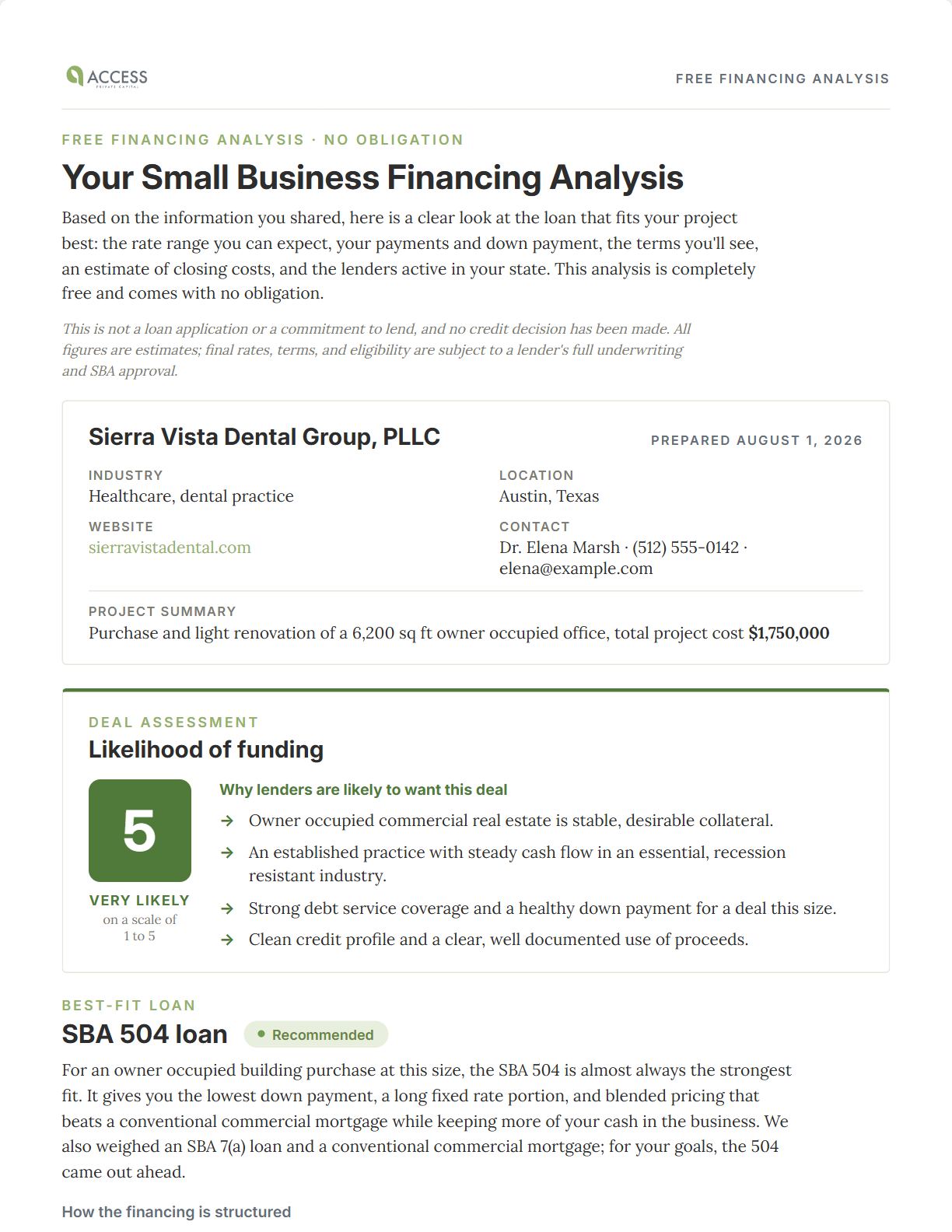 First page of a sample financing analysis